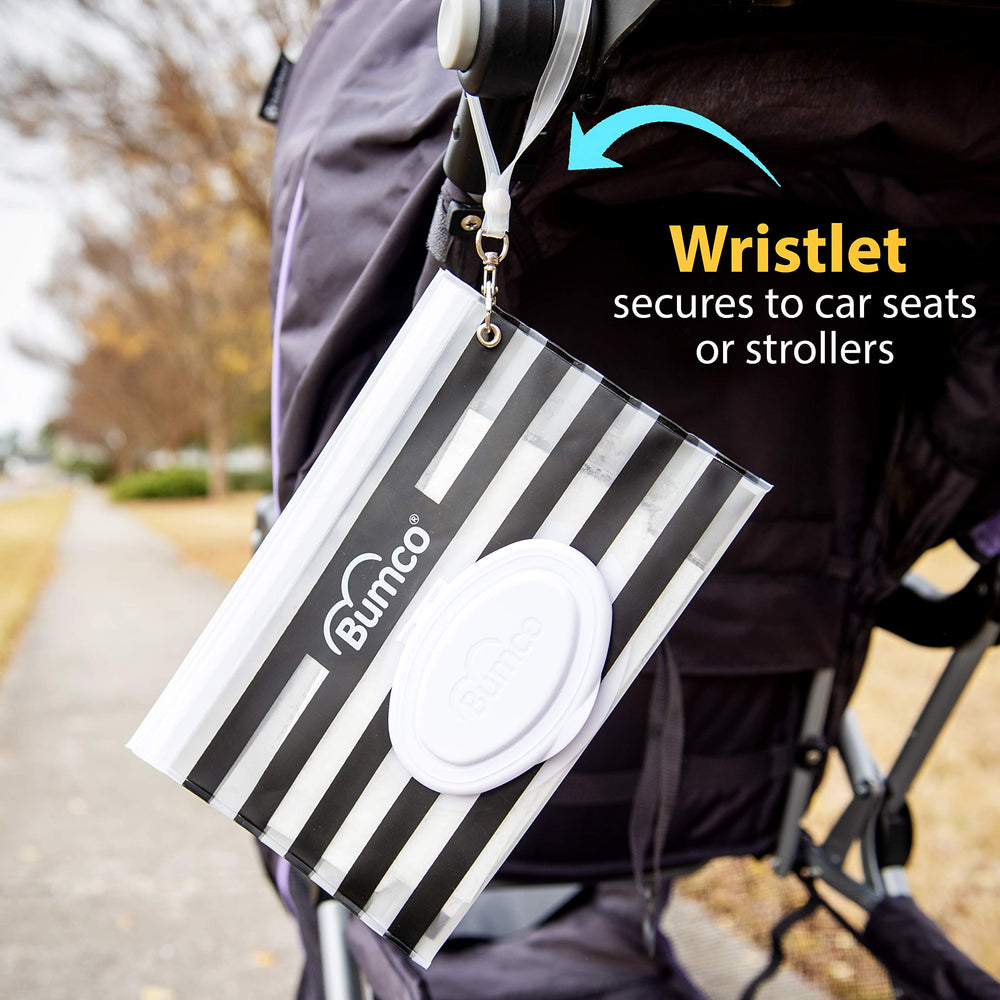 Bumco wristlet attached to stroller for hands-free convenience.