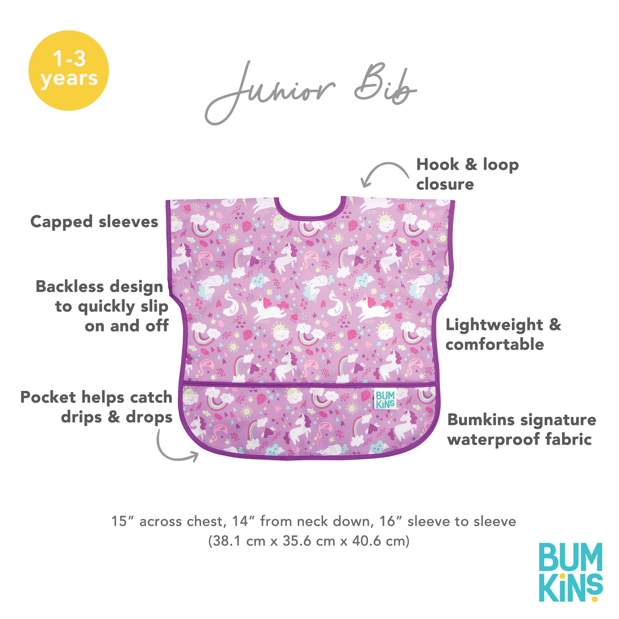 Bumkins bib features adjustable back-closure for a tug-proof fit