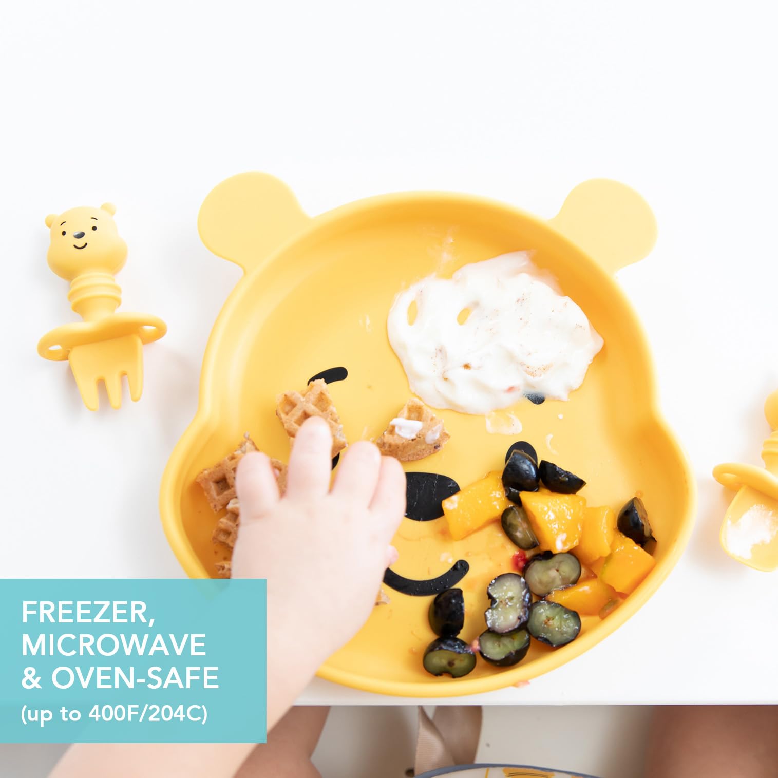 Bumkins Winnie the Pooh platinum silicone is food-safe and heat-tested up to 400°F.