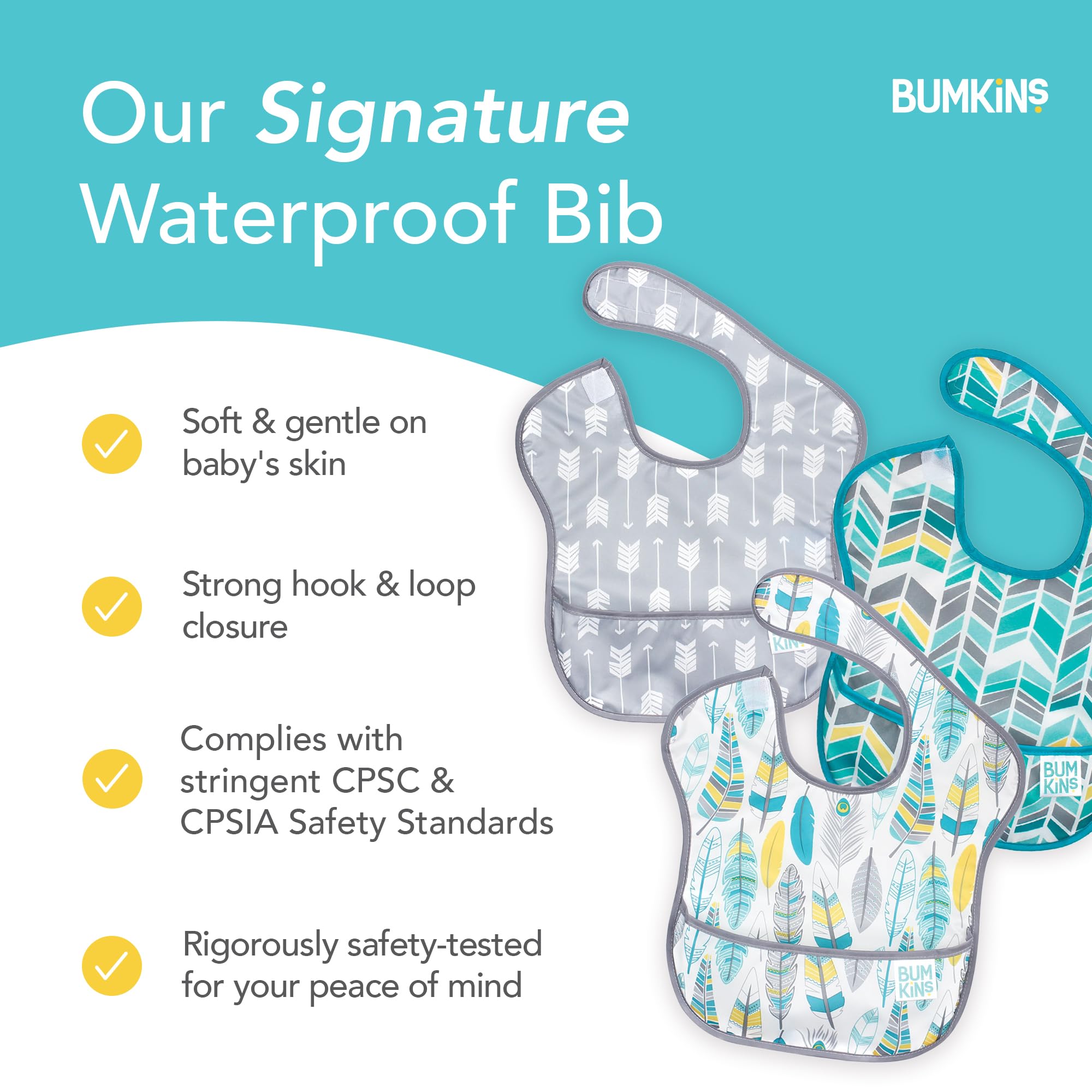 Machine washable Bumkins bibs simplify post-meal cleanup.