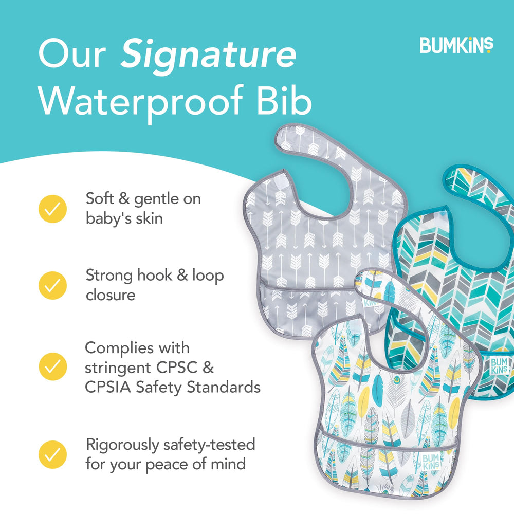 Machine washable Bumkins bibs simplify post-meal cleanup.
