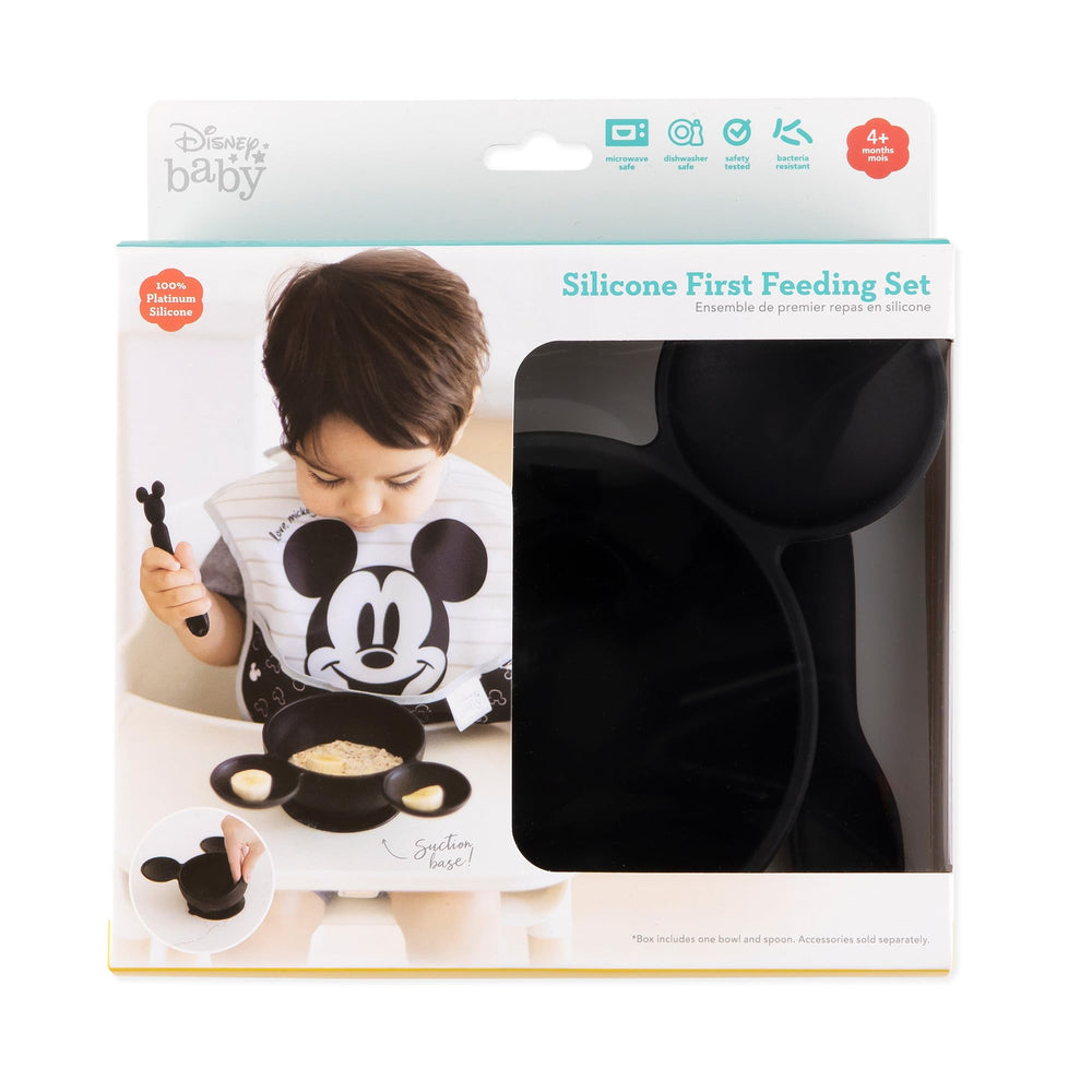 Bumkins Mickey Mouse bowl on a highchair tray prevents sliding during self-feeding.