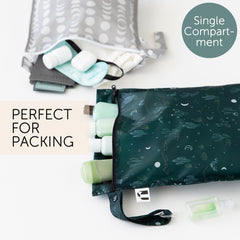Bumkins Roamio fabric close-up shows waterproof coating and vibrant colorfast material.