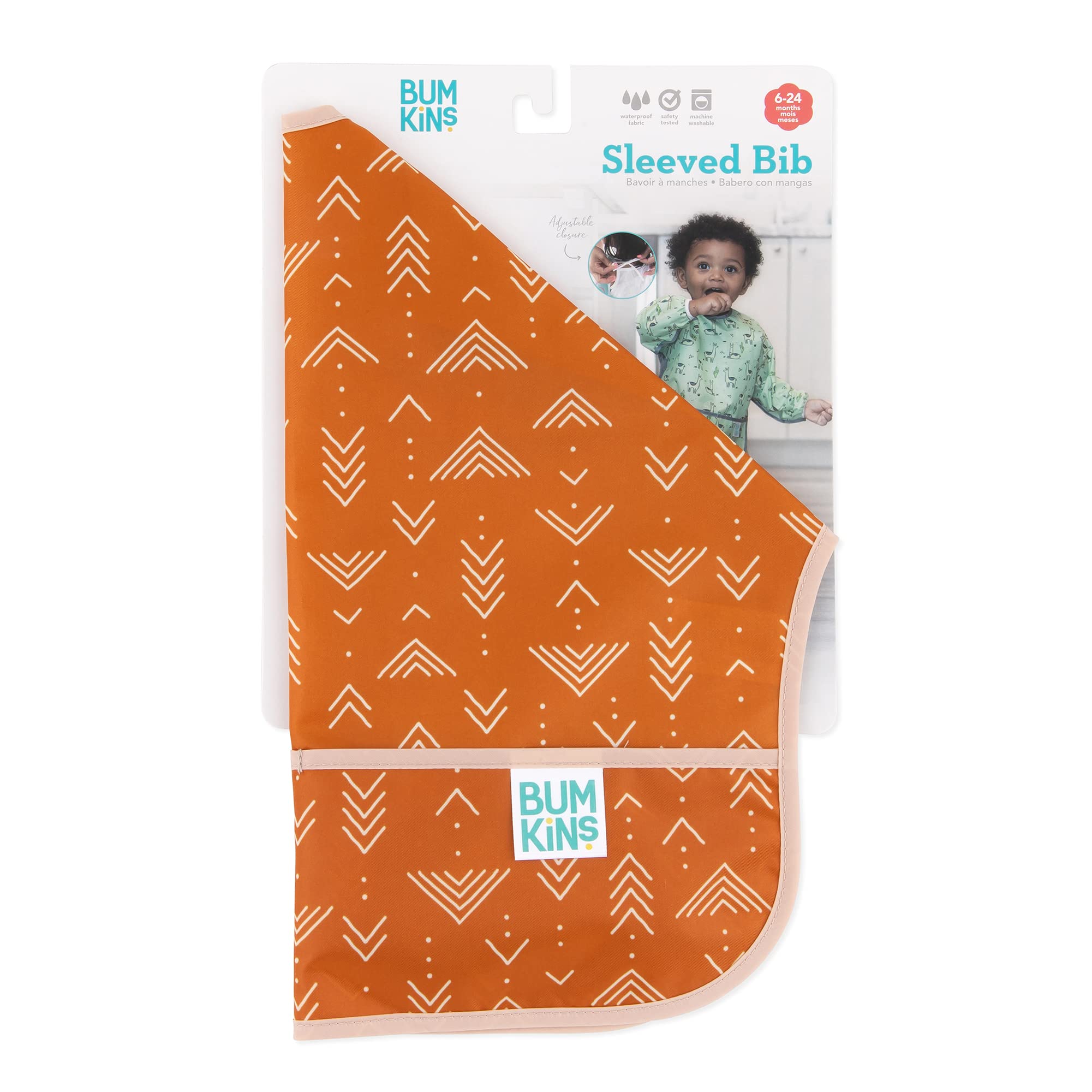 Bumkins Sleeved Bib Boho Orange machine washable for quick cleanup after meals.