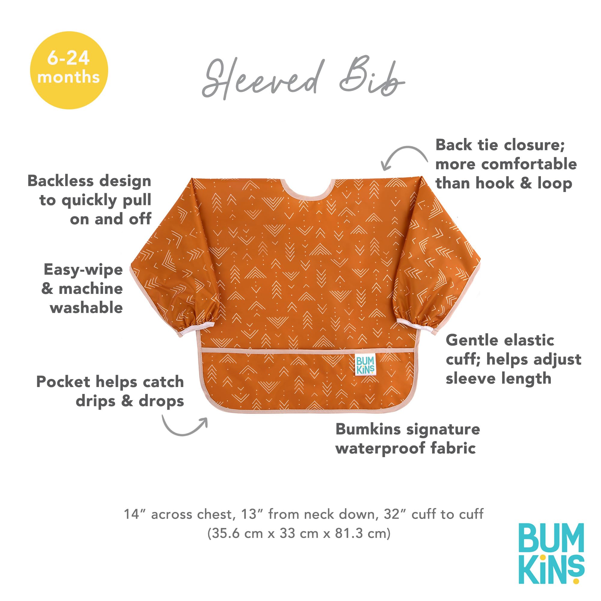 Bumkins Sleeved Bib Boho Orange waterproof fabric resists stains and wet messes.