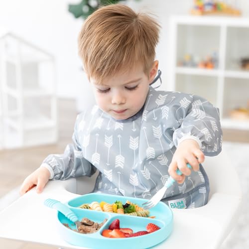 Bumkins sleeved bib gray arrows back tie closure for secure fit.