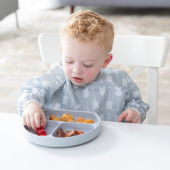 Bumkins sleeved bib gray arrows elastic cuffs adjust sleeve length.