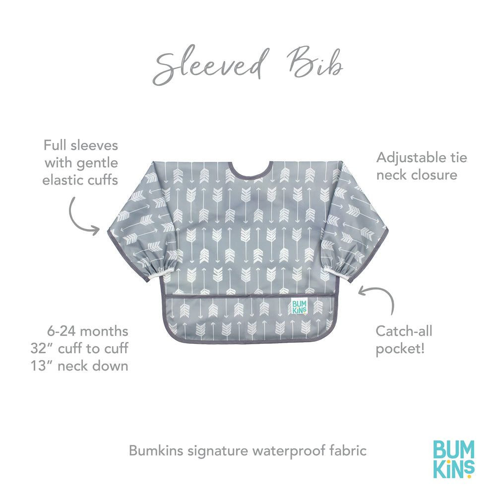 Bumkins sleeved bib is machine washable for quick cleanup.