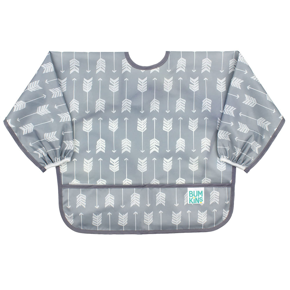 Bumkins sleeved bib gray arrows pocket catching spills during self-feeding.