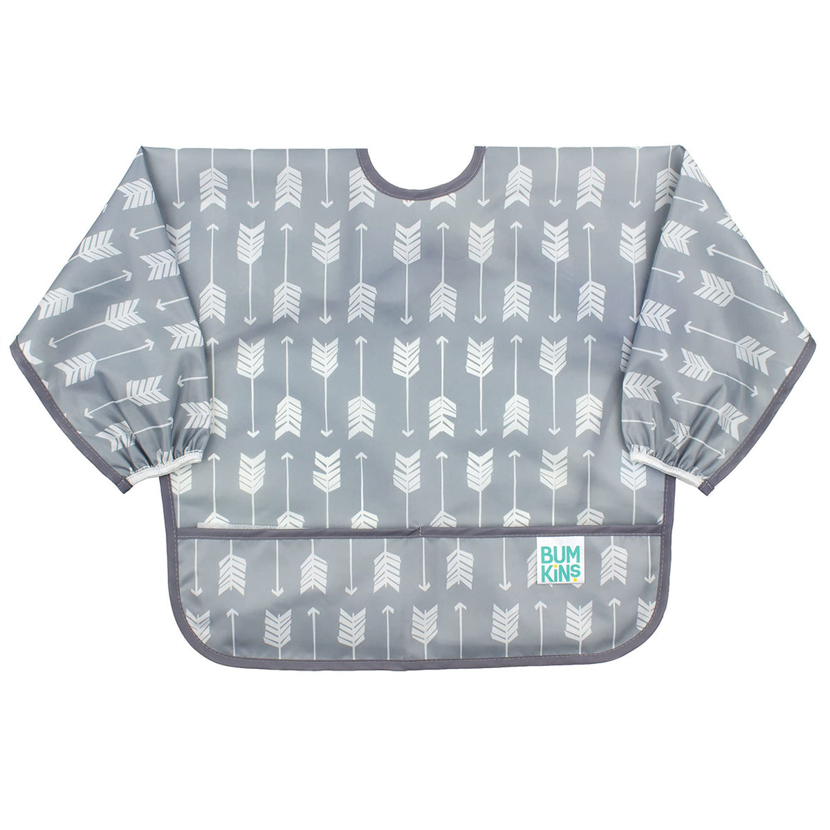 Bumkins sleeved bib gray arrows pocket catching spills during self-feeding.