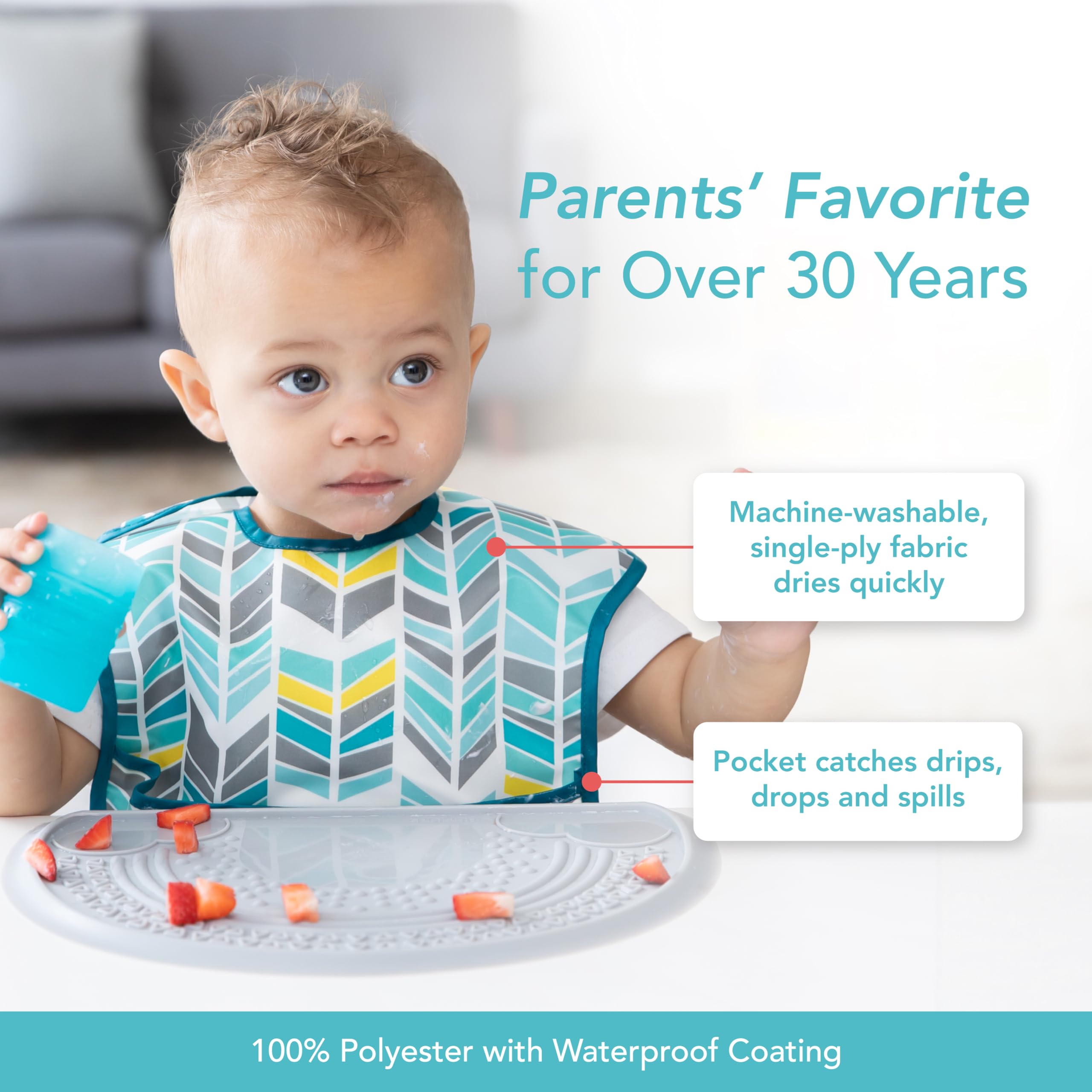 Soft, durable Bumkins bib is gentle on baby skin.