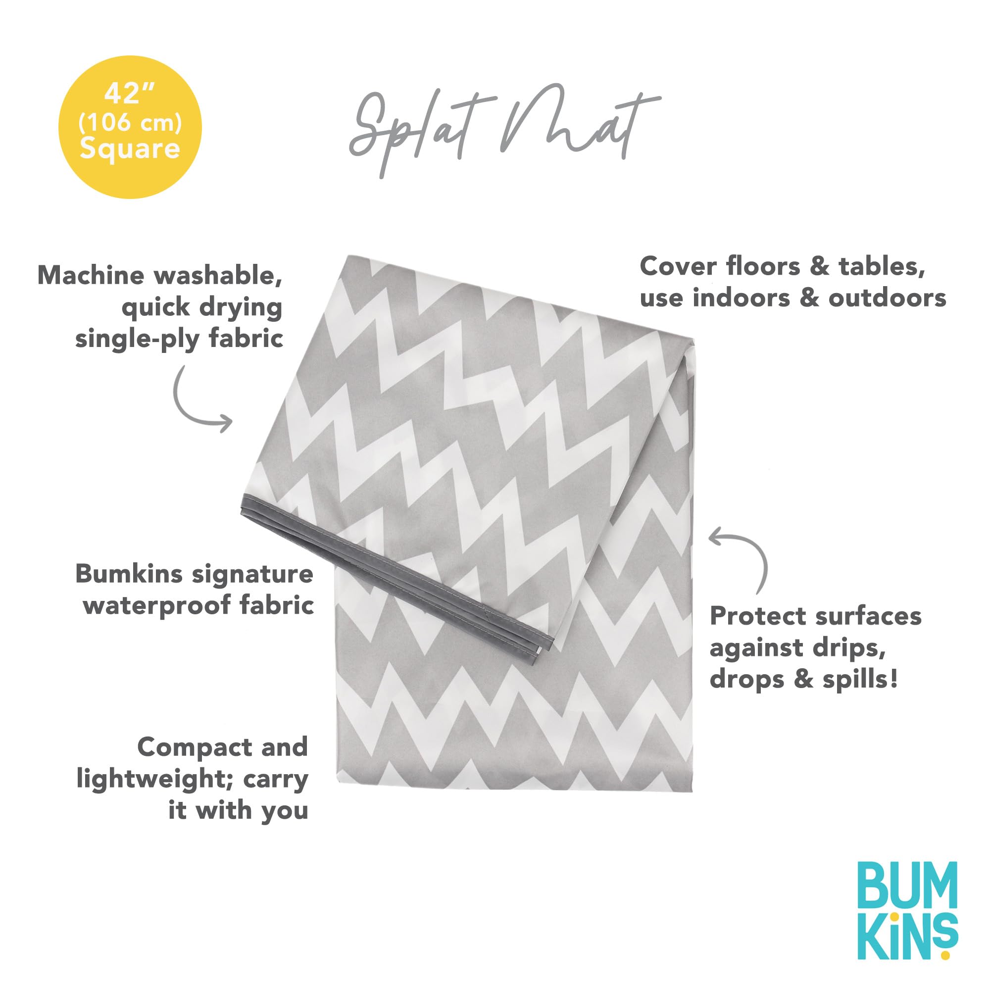 Bumkins splat mat is machine washable and quick-drying for busy families