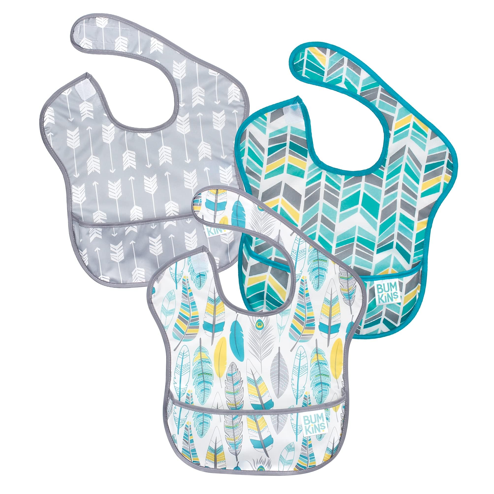 Bumkins SuperBib with over-the-shoulder closure for a quick, tug-proof fit.