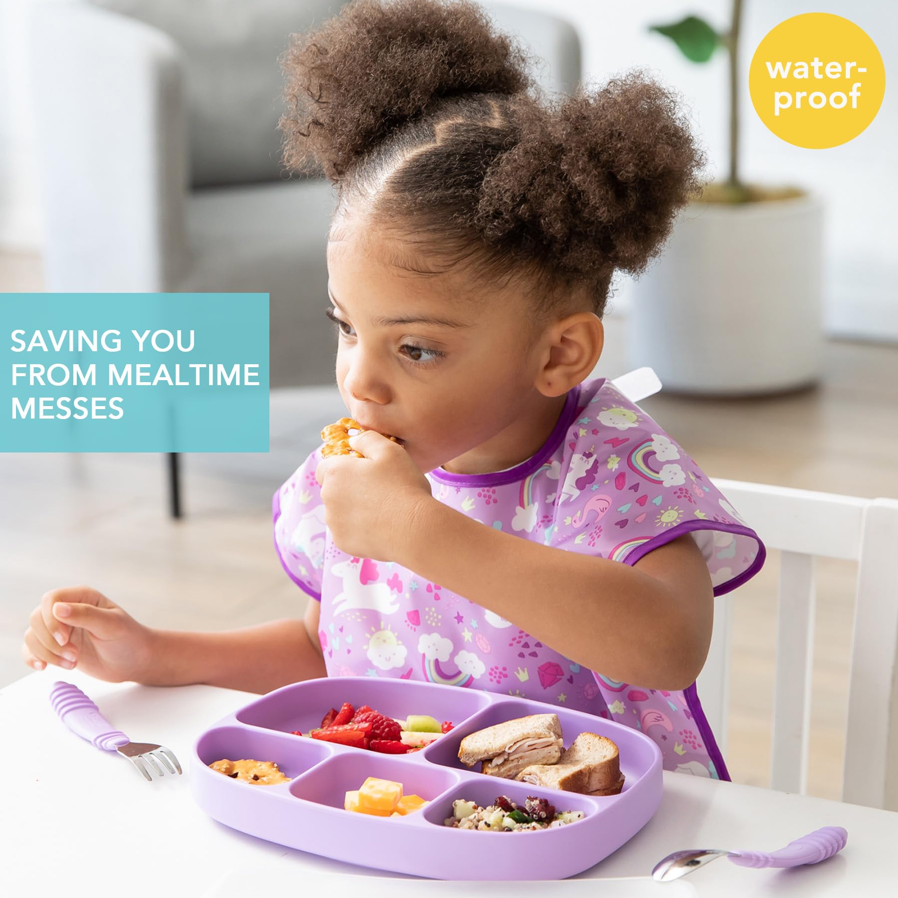 Bumkins bib uses waterproof lightweight fabric for quick cleanup after snacks