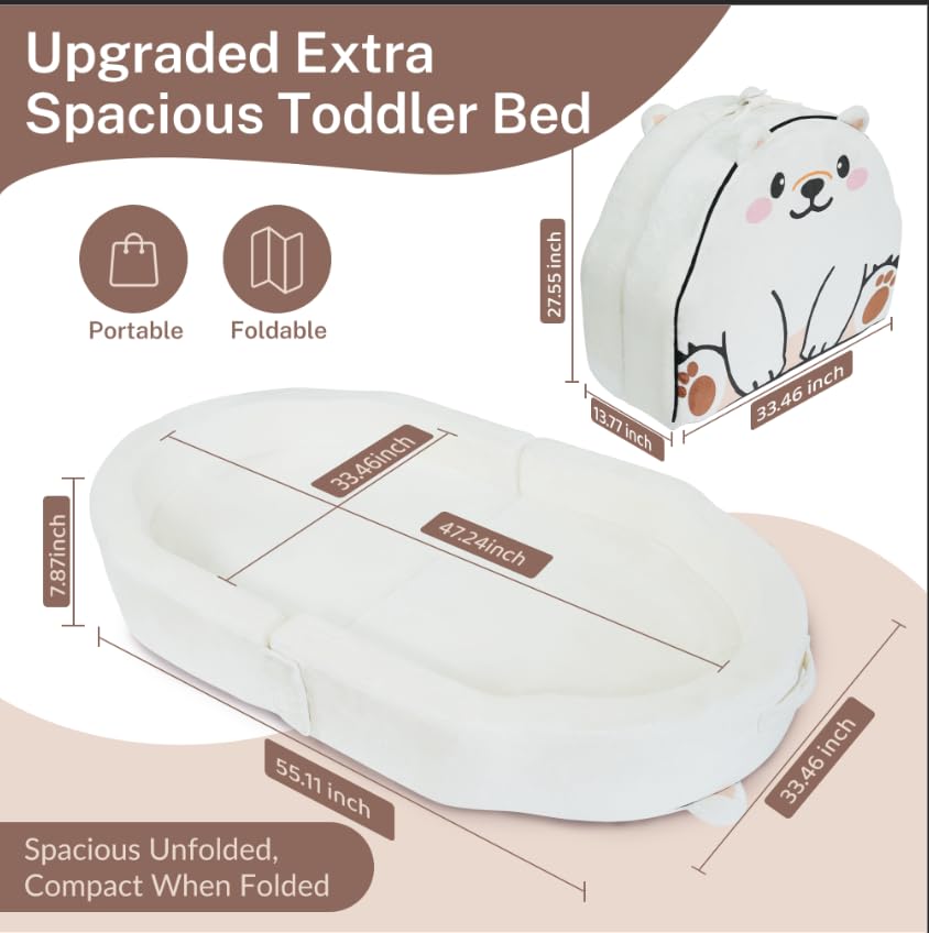 BUMNANA toddler travel bed folded for easy packing and portability.