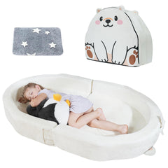BUMNANA toddler travel bed setup shows roomy 55x33 sleep area for play and rest.