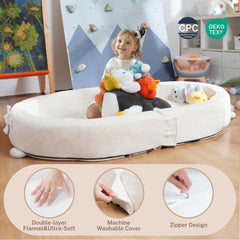 BUMNANA toddler travel bed sleep surface close-up highlighting plush cushioning.