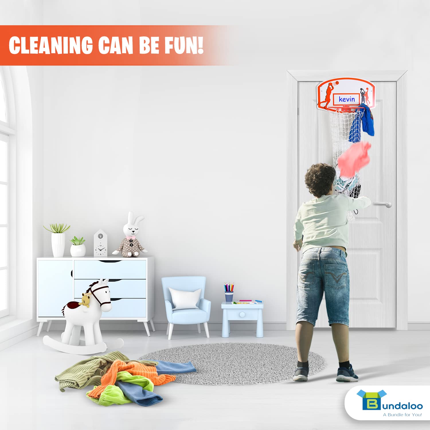 Bundaloo child room decor with basketball theme encouraging organized spaces.