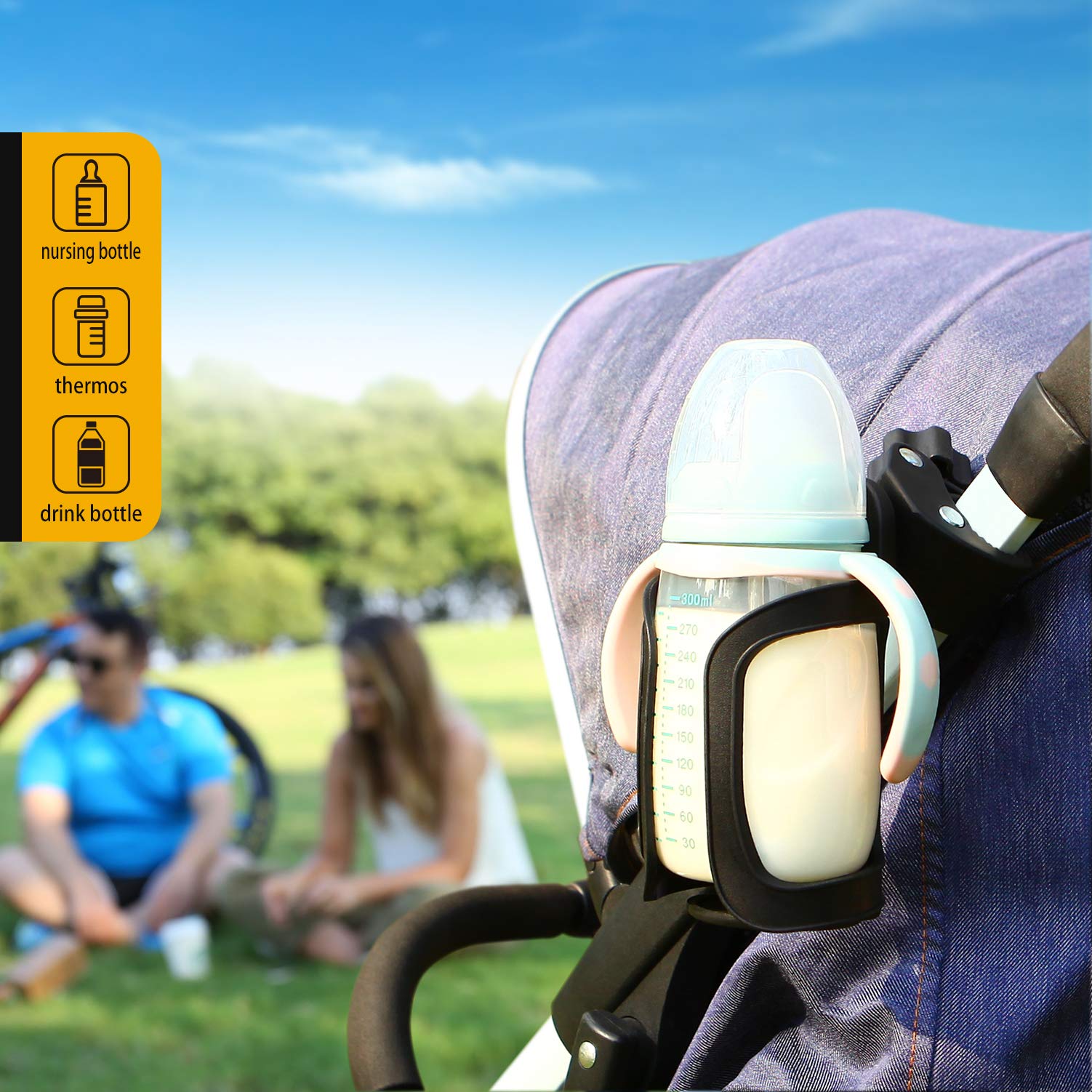 BundlePRO two-pack cup holders install easily without tools on stroller bars.
