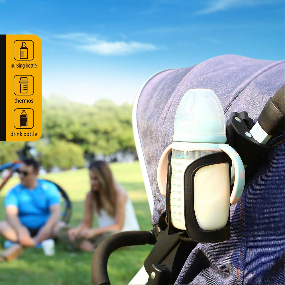 BundlePRO two-pack cup holders install easily without tools on stroller bars.