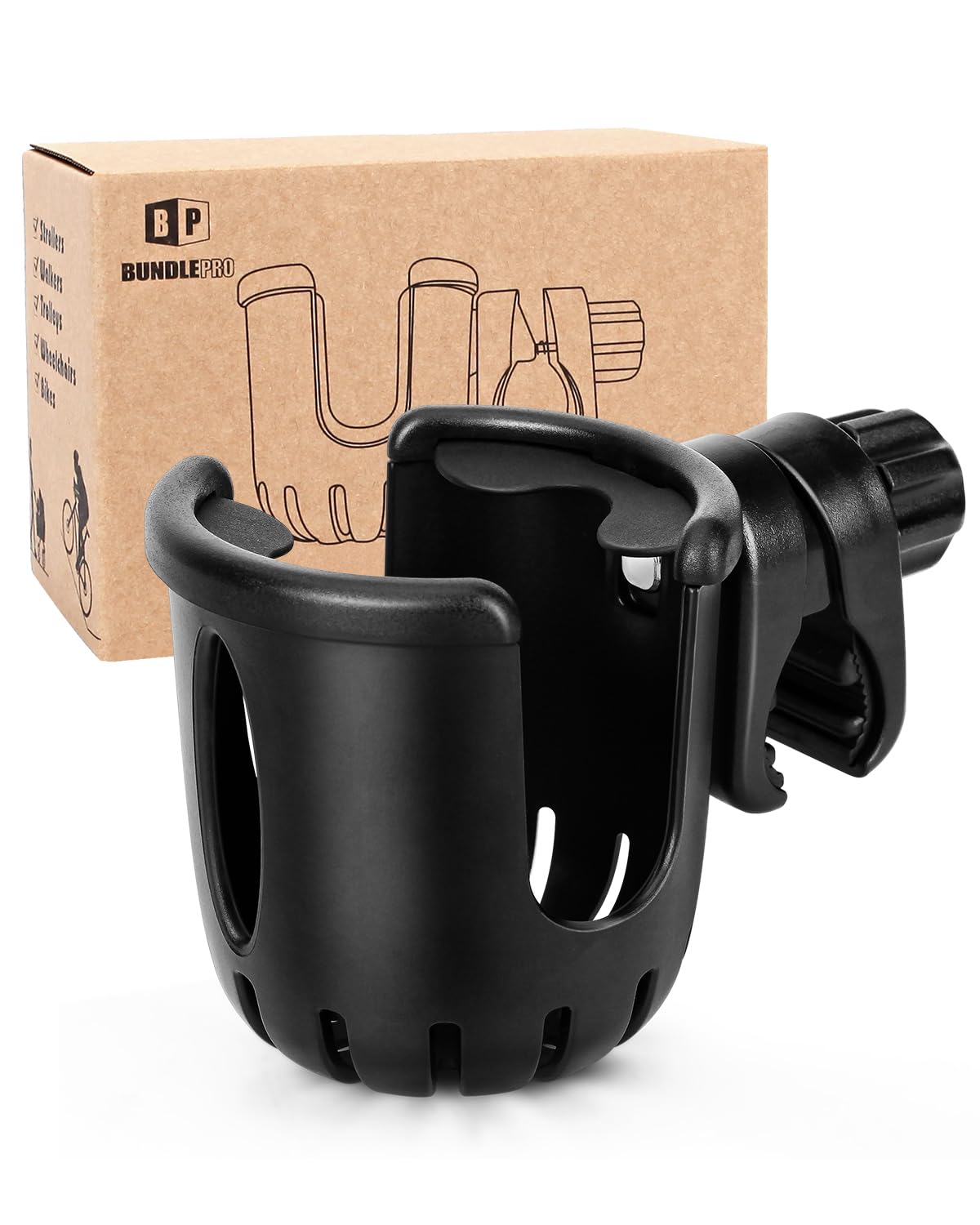 BundlePro universal cup holder attached to stroller for quick drink access