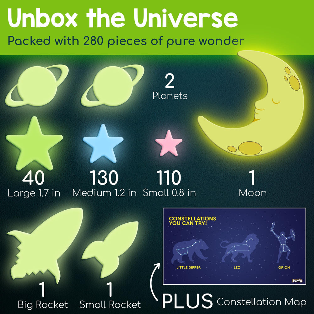 BUNMO Glow Stars packaging showcases easy peel-and-stick application.
