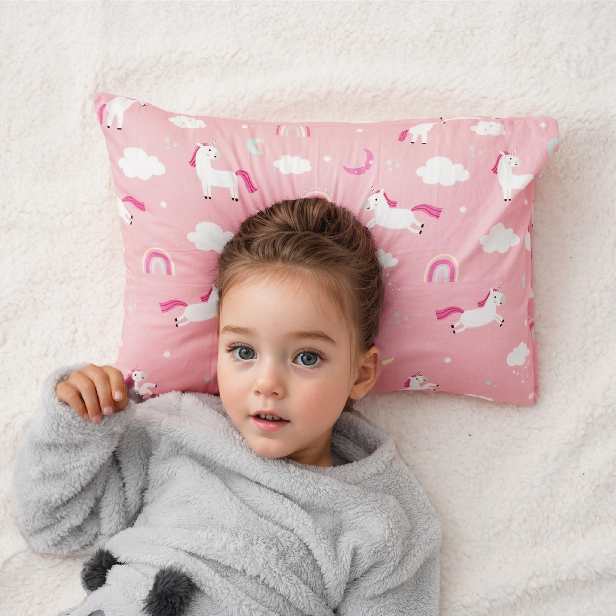 Supportive yet soft fiber fill cushions head and neck during naptime