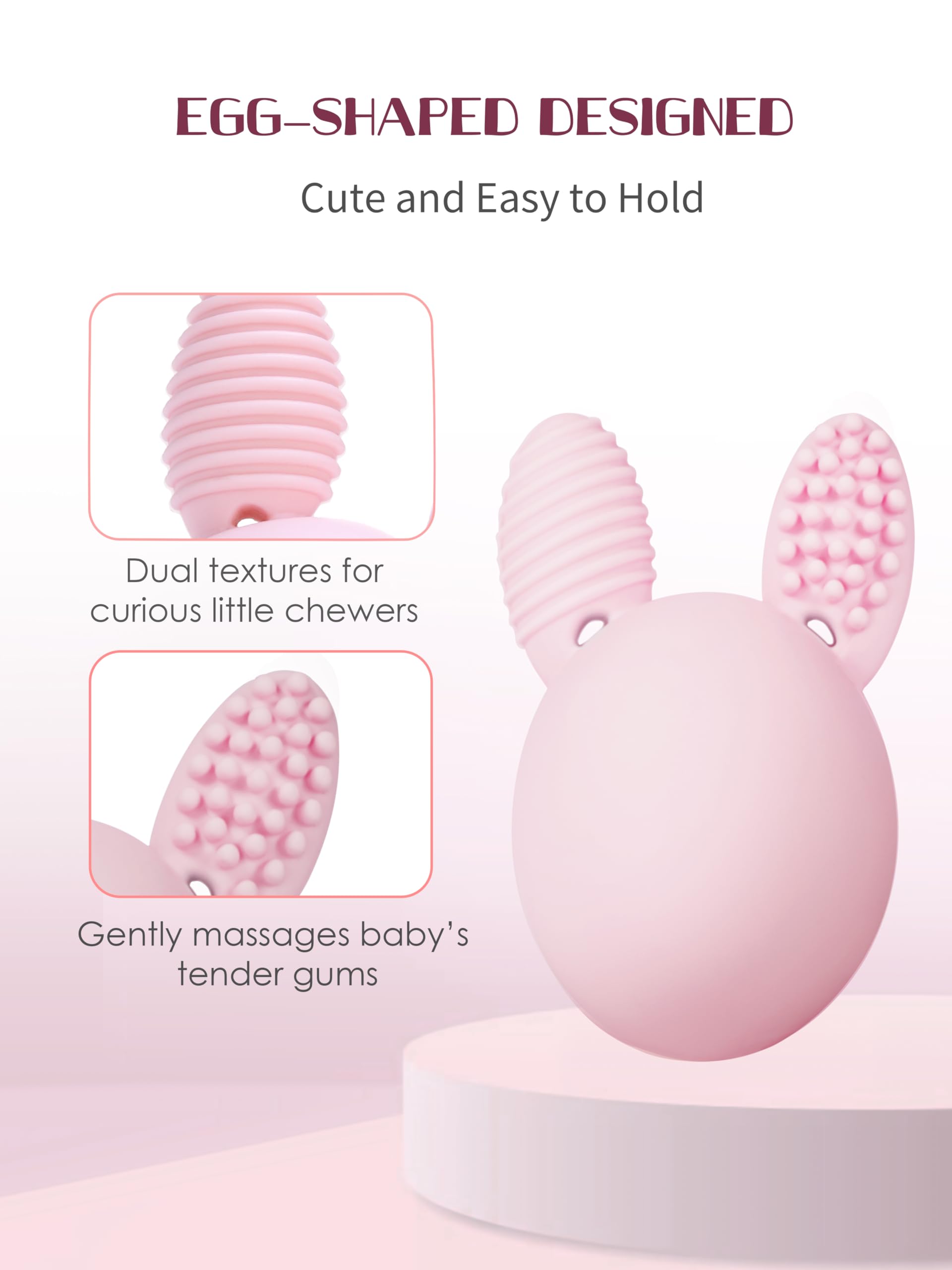 Bunny Eggy teether in hand demonstrates easy grip for tiny hands
