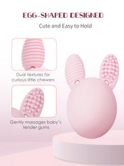Bunny Eggy teether in hand demonstrates easy grip for tiny hands