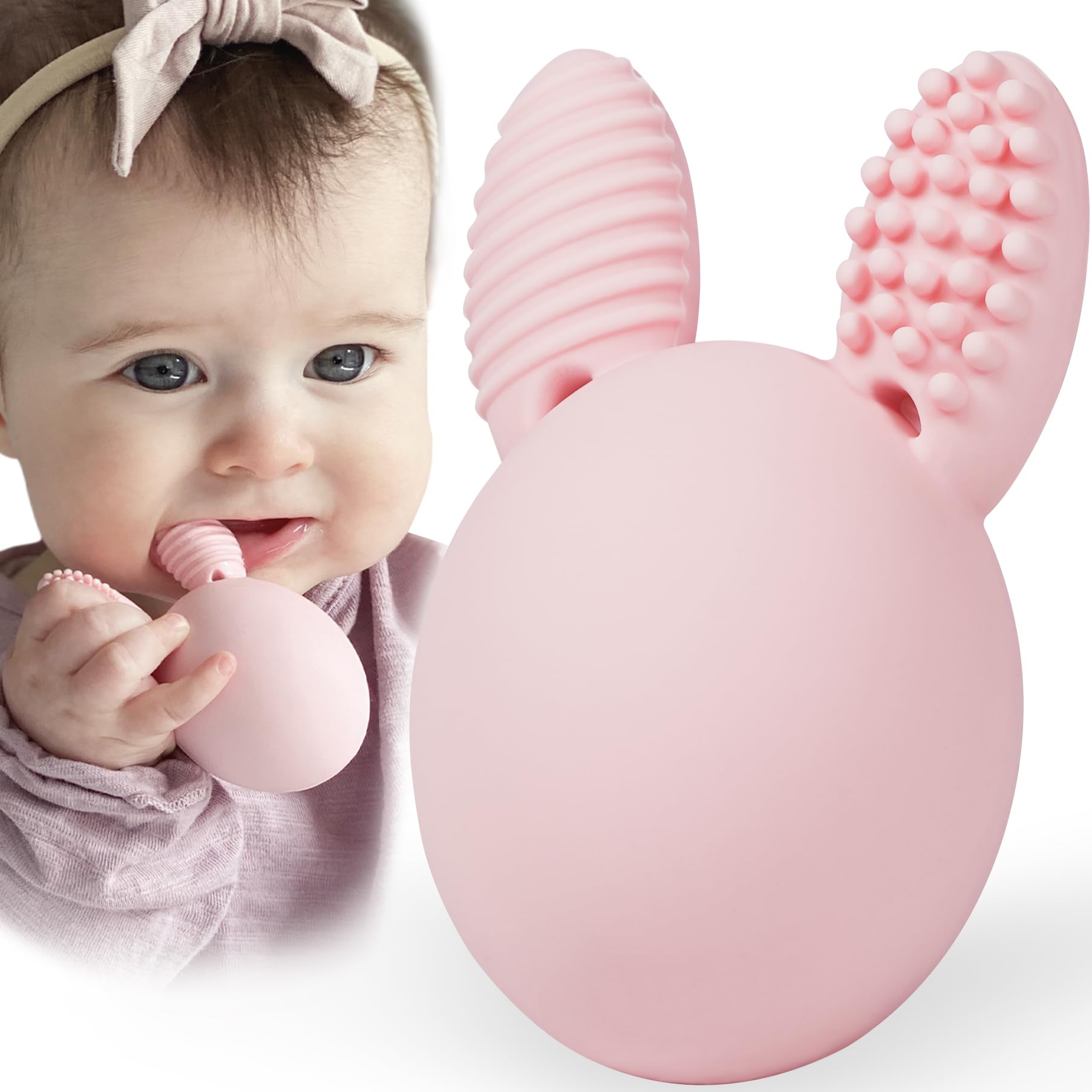 Bunny Eggy teether product shot shows safe silicone design for soothing gums