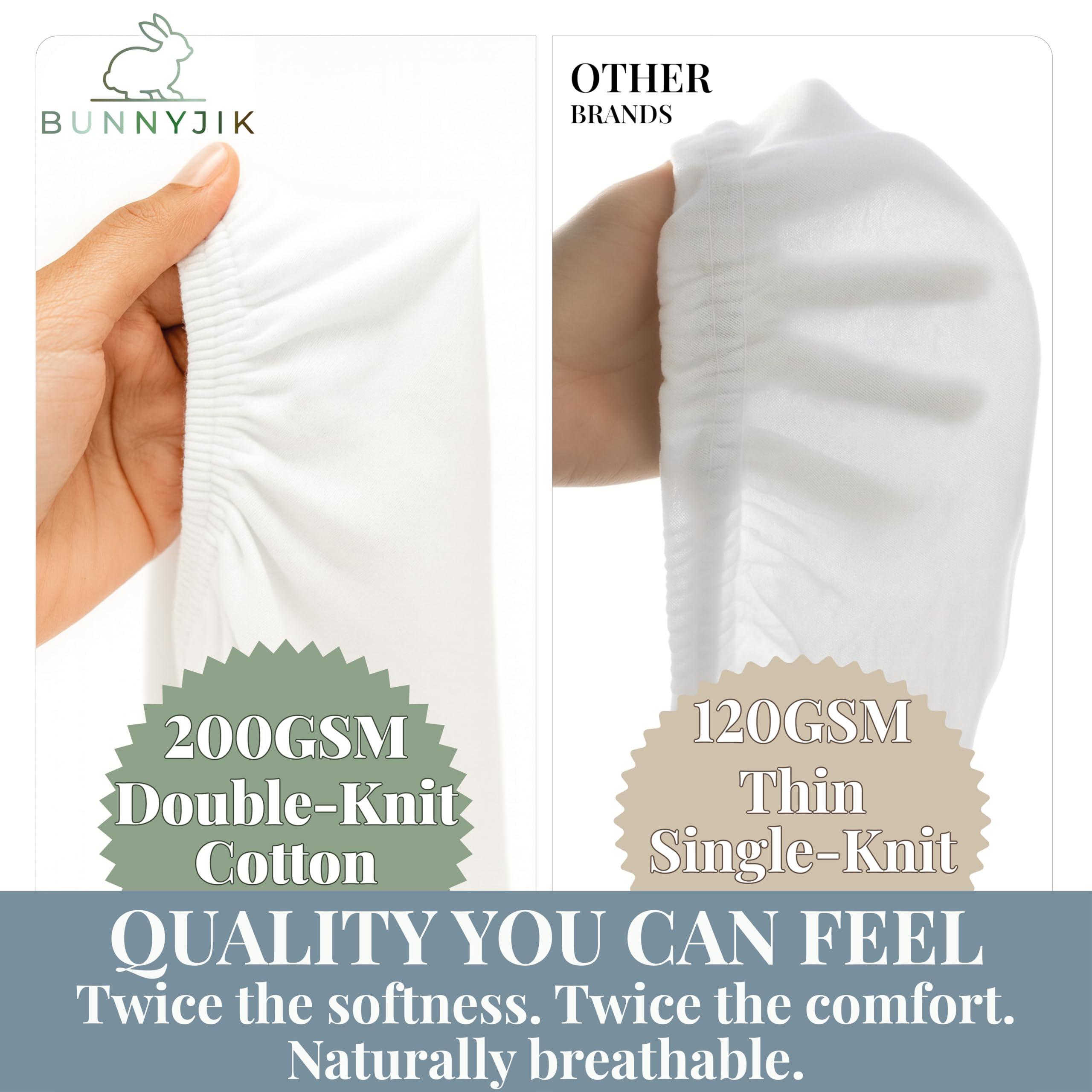 Bunnyjik GOTS organic bassinet sheets highlight pure cotton, no blends.