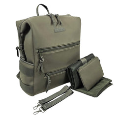 BUNSO Baby olive front view displays minimalist neoprene diaper bag design for daily use