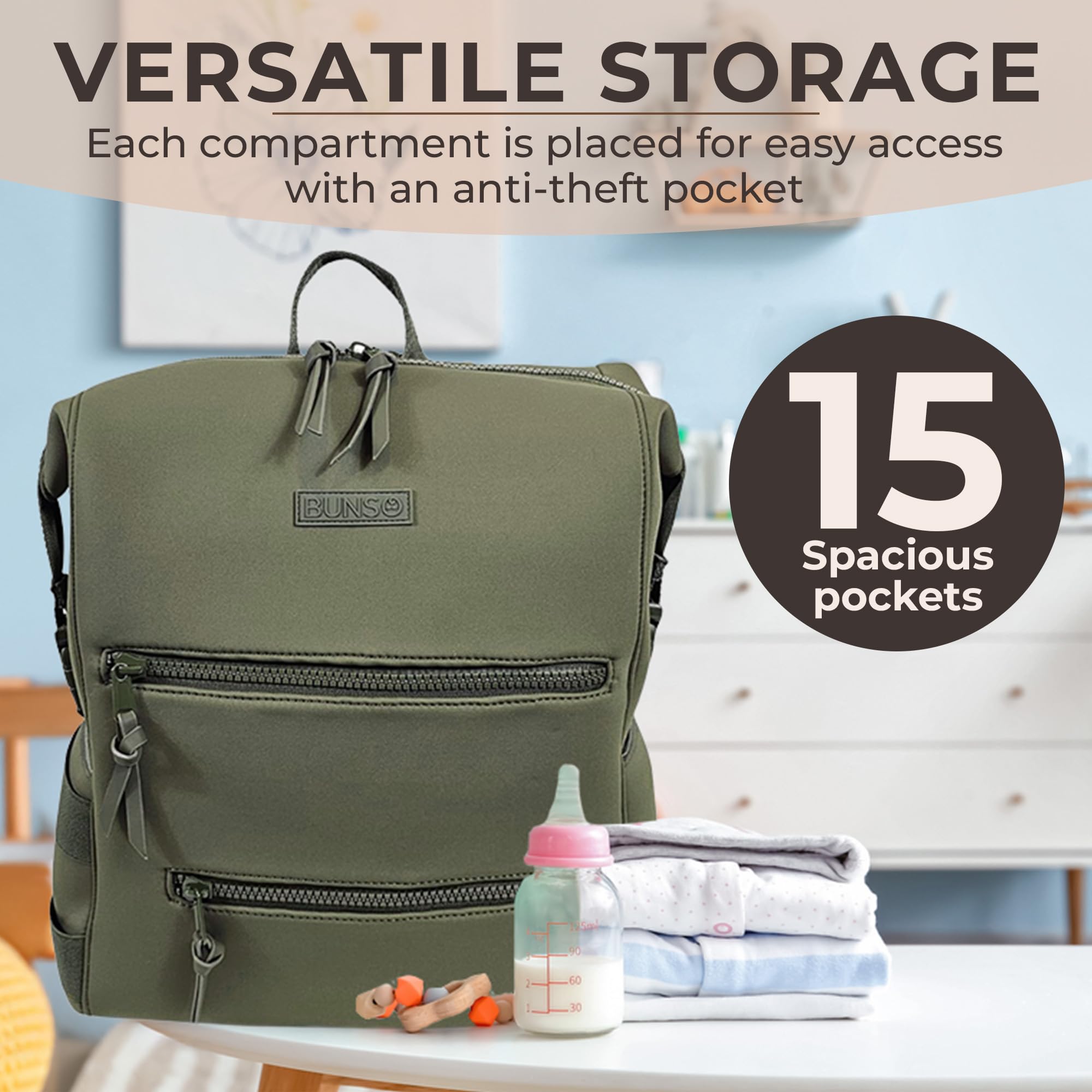 BUNSO Baby olive inside pockets show 15 compartments for gear and snacks