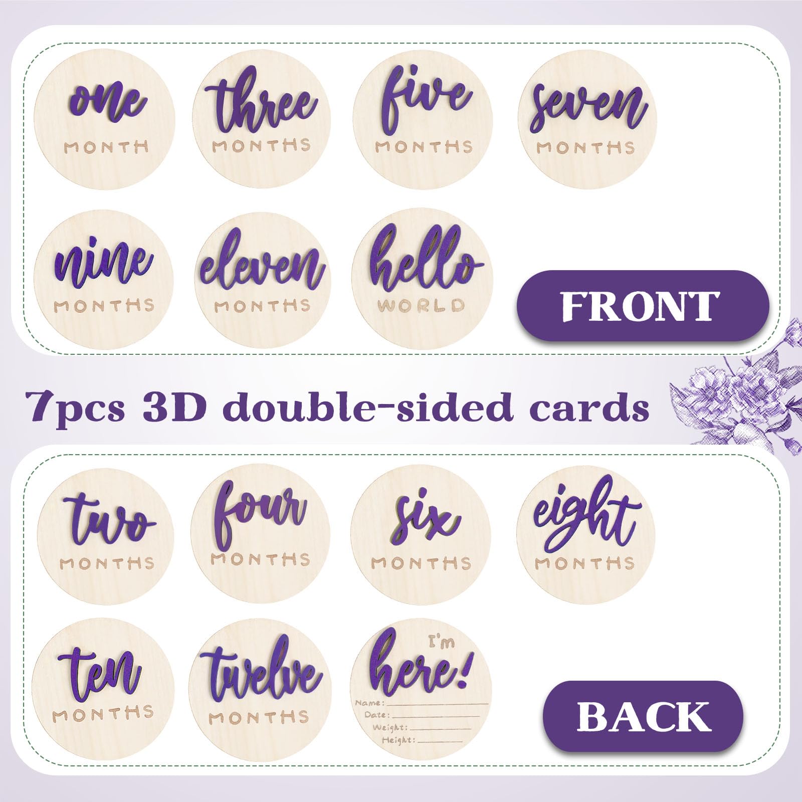 Engraved 3D details highlight each month's milestones in purple wood.