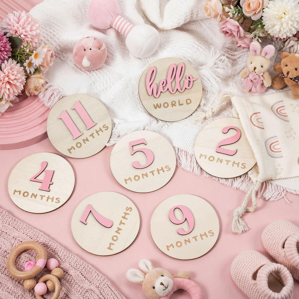 Burbell pink birth name card supports personalized baby documentation in photos