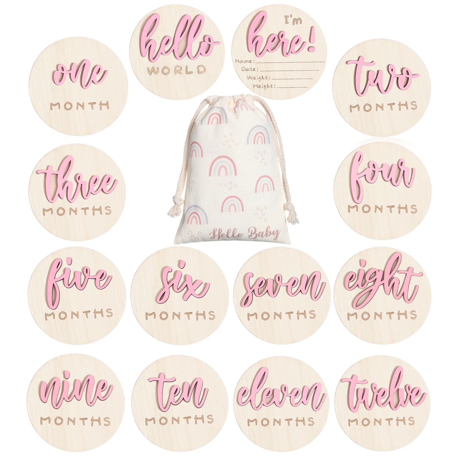 Burbell 7 Pack 3D milestone discs with Hello World for newborn announcements.
