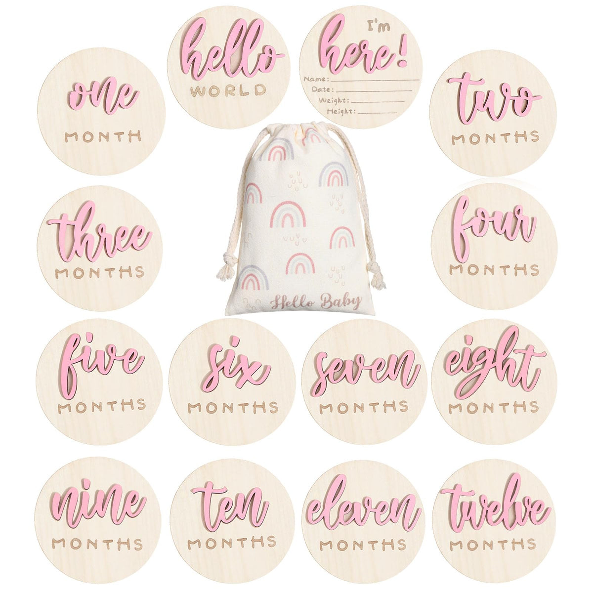 Burbell 7 Pack 3D milestone discs with Hello World for newborn announcements.