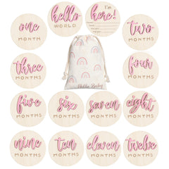 Burbell 7 Pack 3D milestone discs with Hello World for newborn announcements.