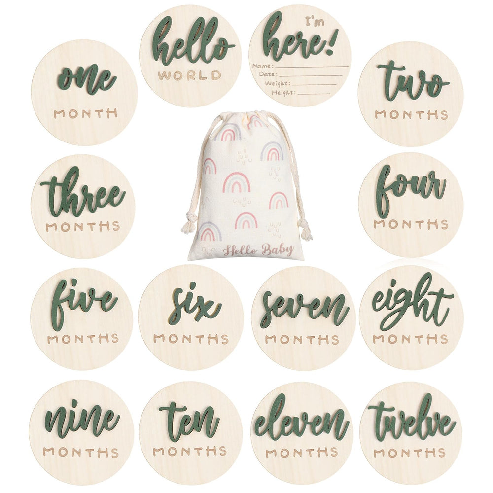 Burbell 3D milestone discs in green for timeless baby photos.
