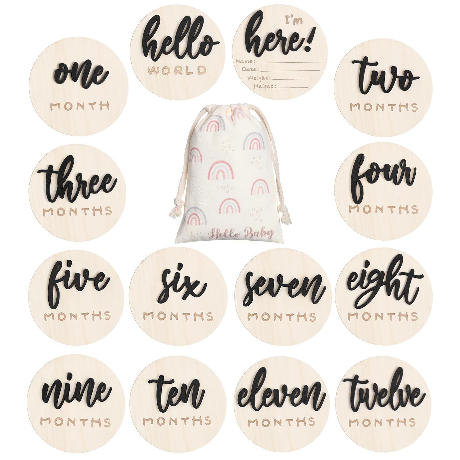 Burbell 7-pack 3D baby milestone discs with hello world front view for timeless photos.