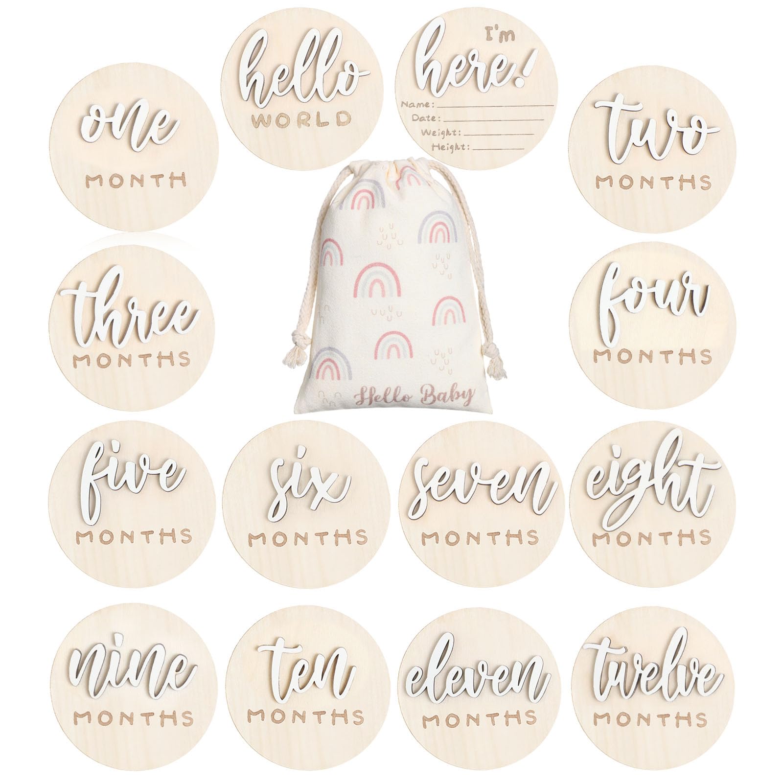 Burbell 7 Pack 3D milestone discs placed in a newborn photo setup, highlighting monthly growth.