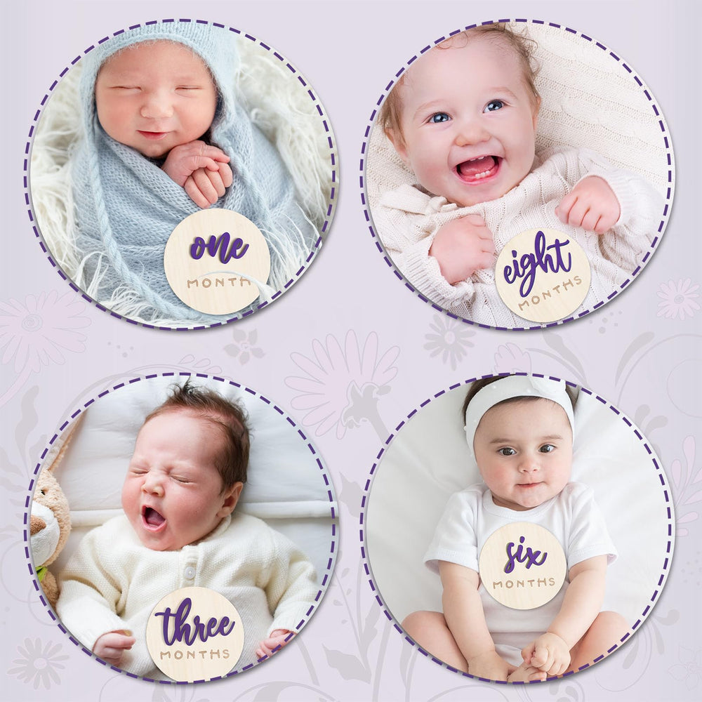 Burbell baby photo prop milestone sign purple for memories and announcements.