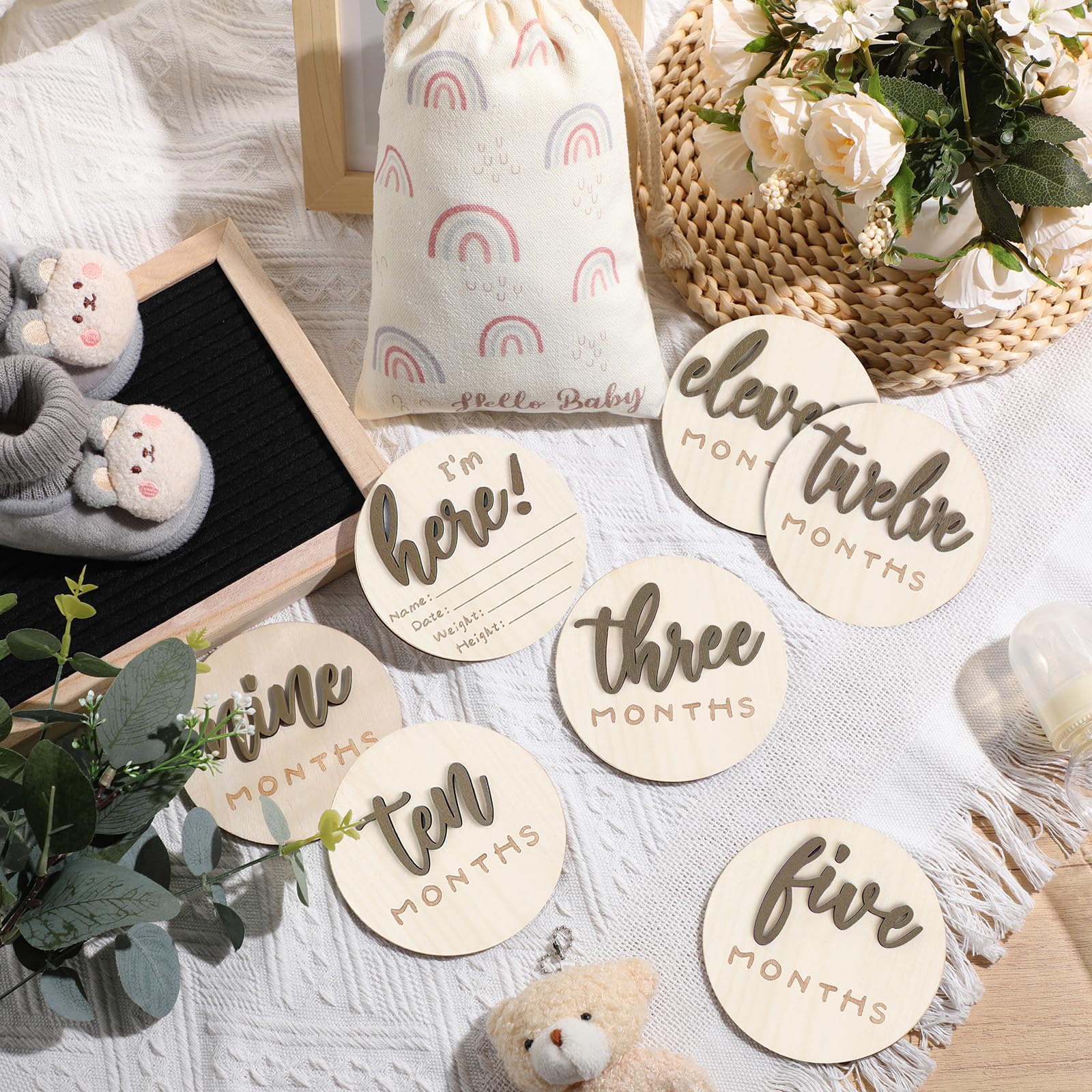 Burbell double-sided hello world milestone disc for versatile photo props.