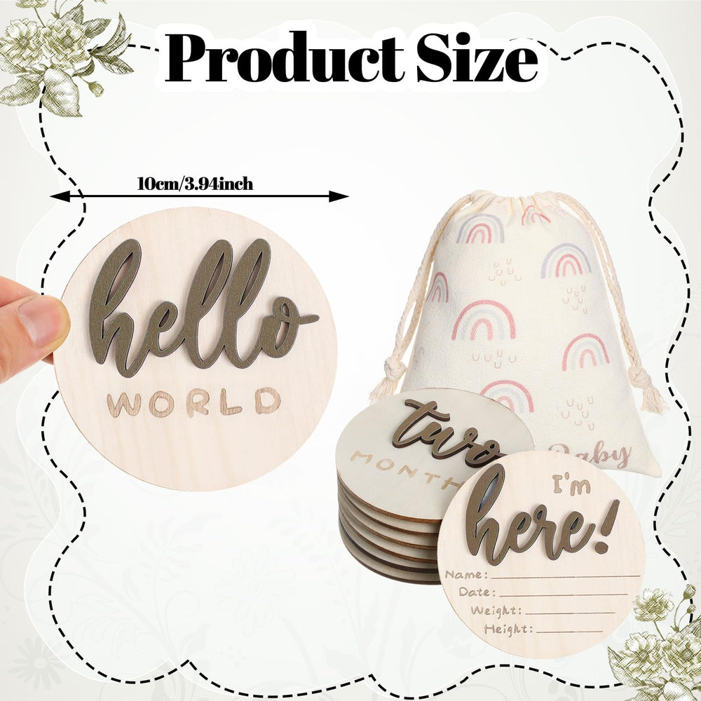 Burbell wooden circle baby signs with natural texture for keepsakes.