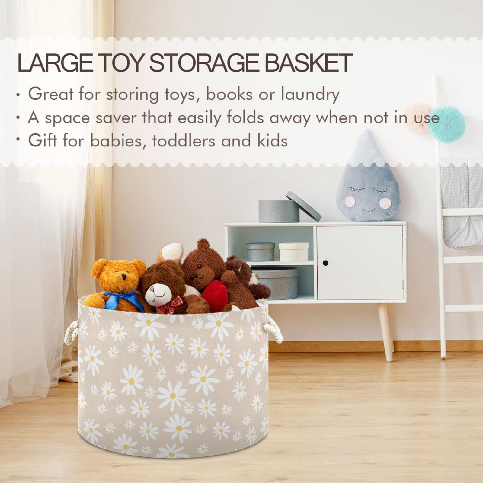 Storage basket with waterproof inner lining suitable for laundry organization.