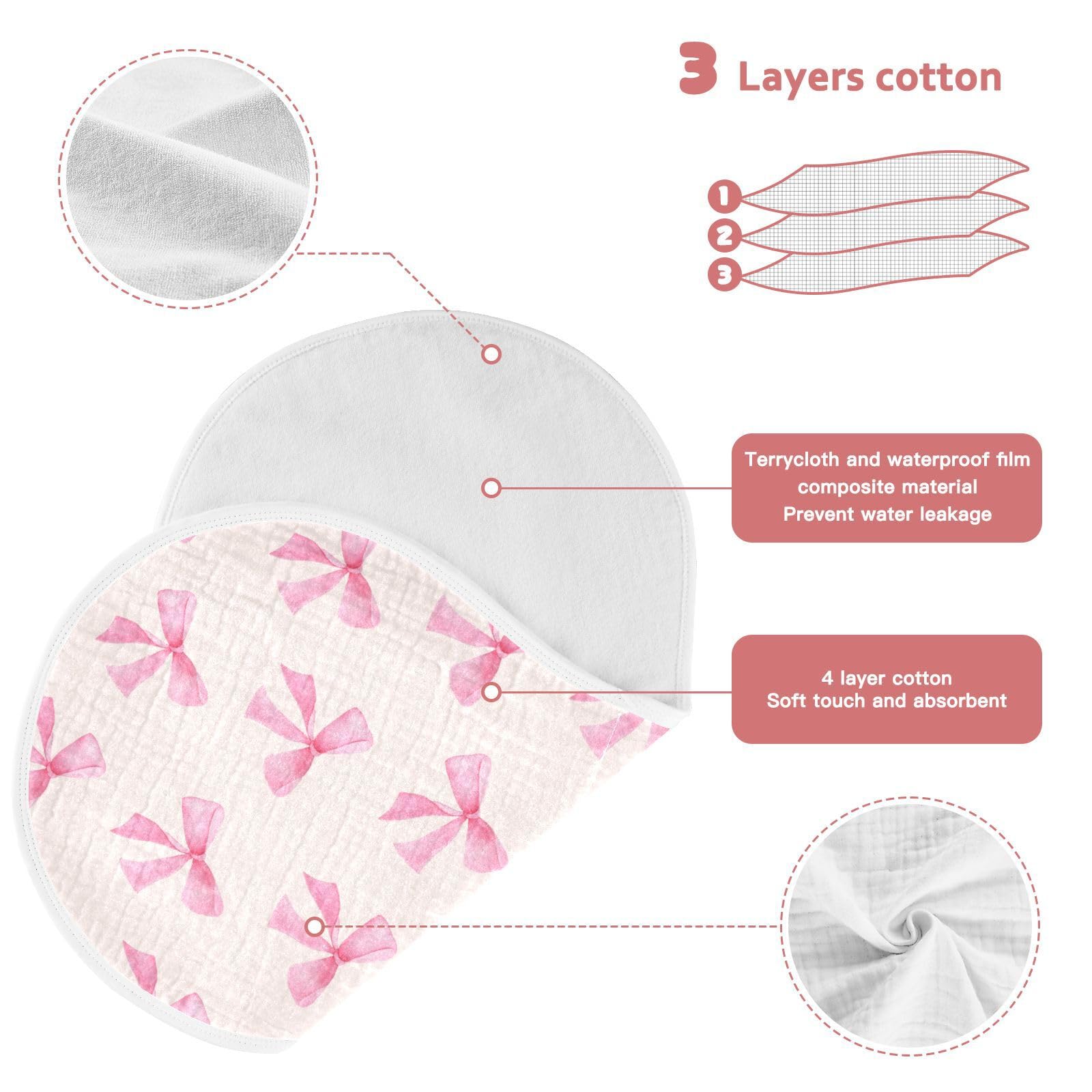 Burbuja pink bow muslin burp cloth bottom TPU waterproof layer protects clothes.