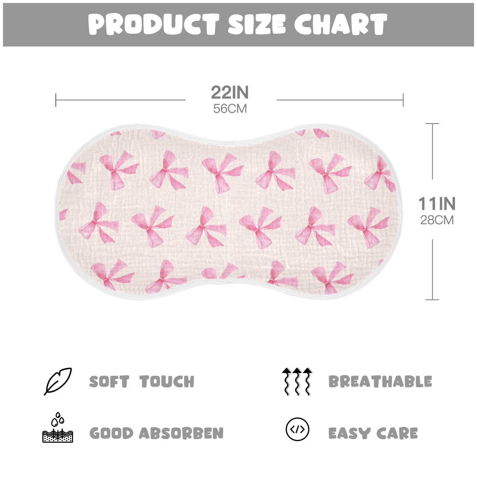 Burbuja pink bow muslin burp cloth folded neatly, showcasing compact storage.