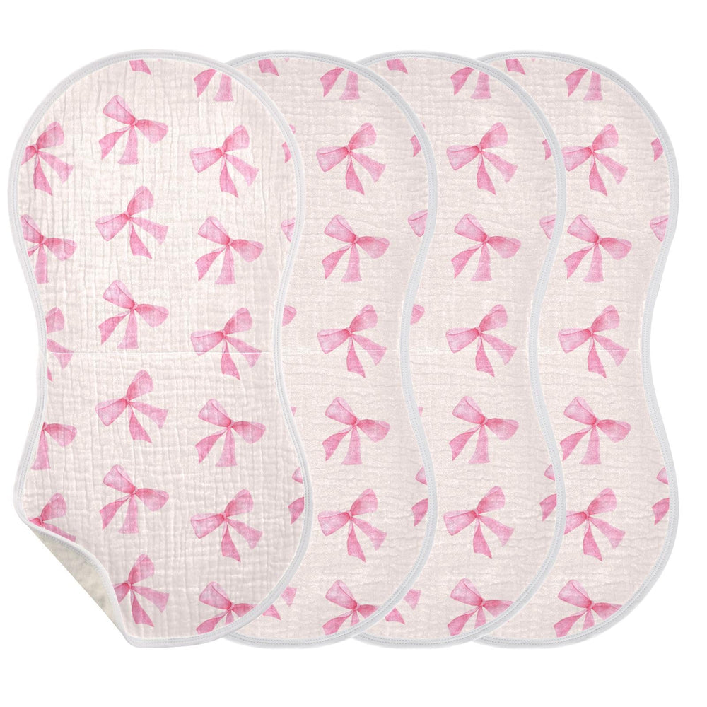 Burbuja pink bow muslin burp cloth front view, four-layer softness and high absorbency.