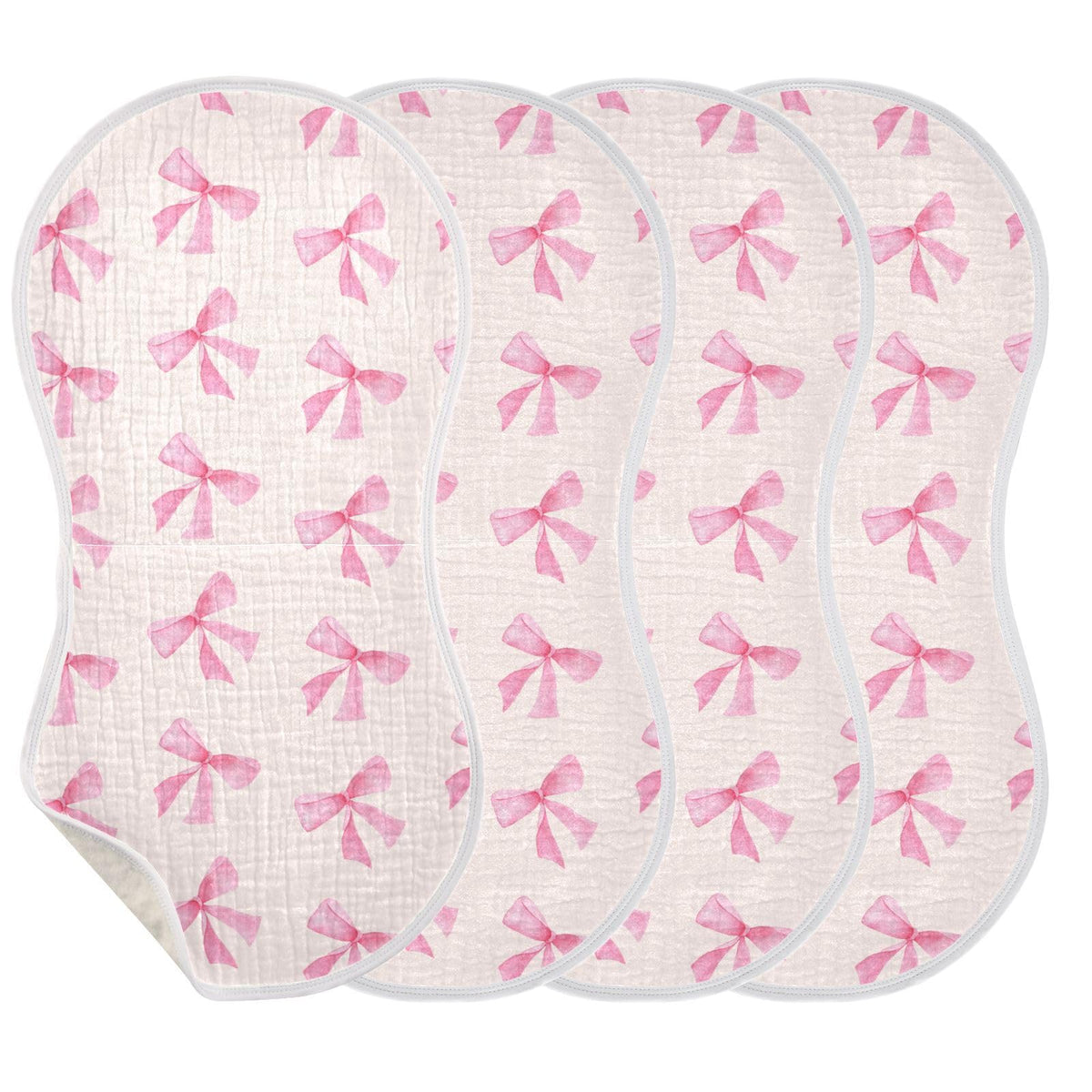 Burbuja pink bow muslin burp cloth front view, four-layer softness and high absorbency.