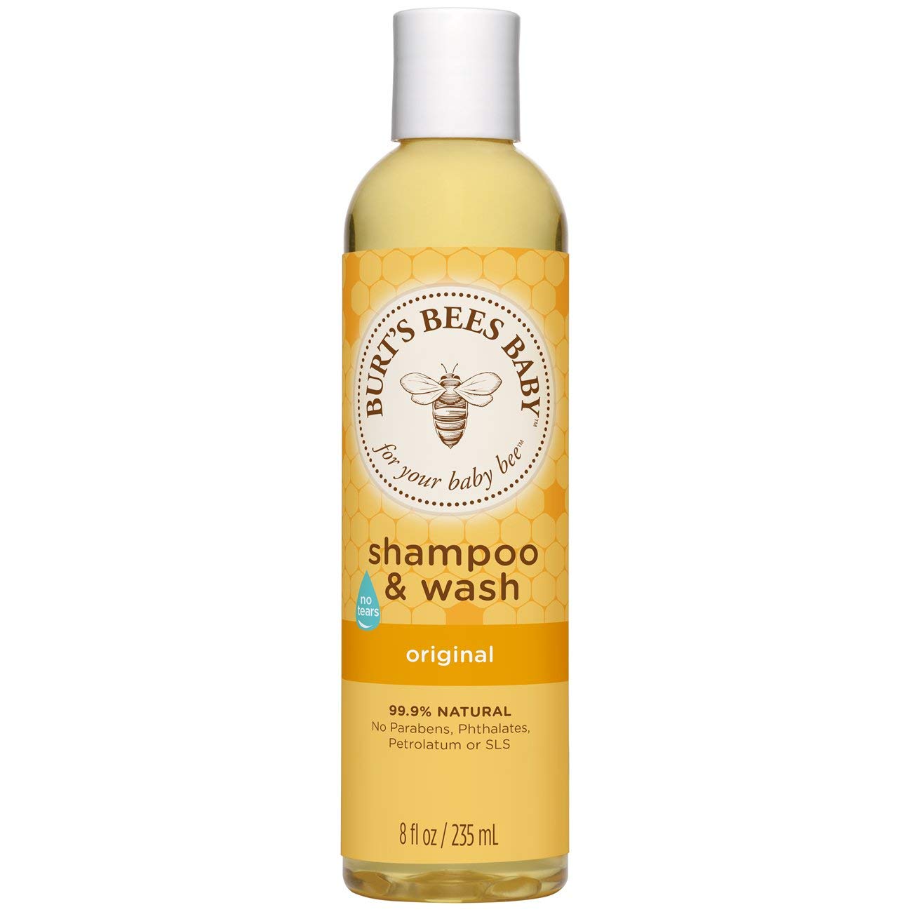 Burt's Bees Baby Bee Original Shampoo & Wash bottle demonstrates tear-free, gentle cleansing for hair and skin